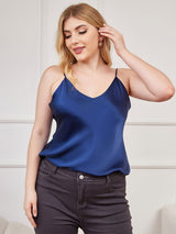 [Tummansininen] SilkSilky-FI Spagettihihna V Pääntie Plus-koon Camisole Top 003