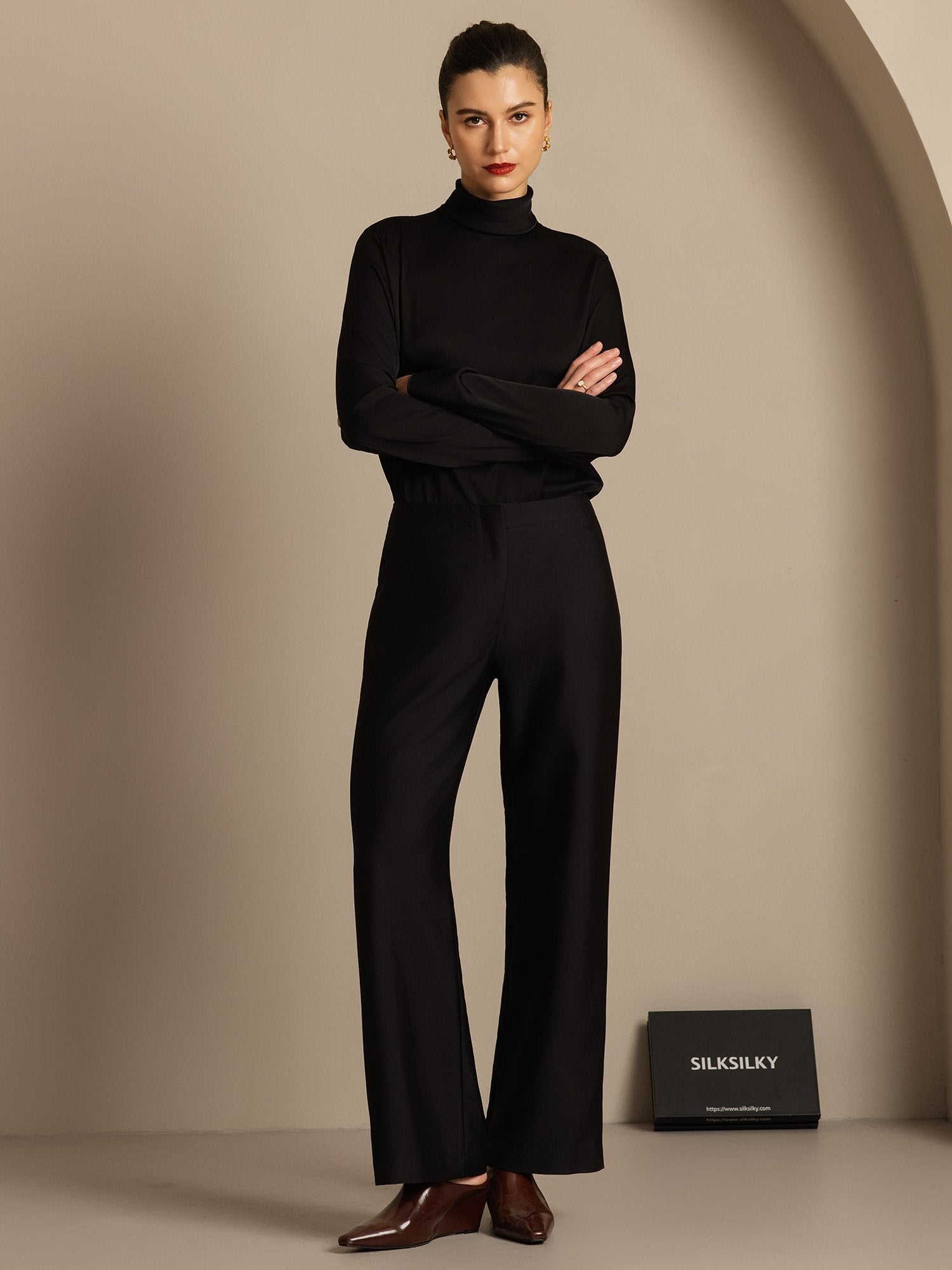 [Musta] SilkSilky-FI 32Momme Silk-Wool Blend Womens Pants 001,