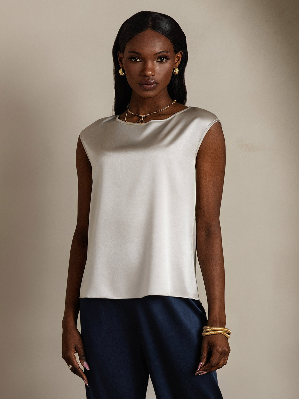 [Vaalean Harmaa] SilkSilky-FI 19Momme Womens T-Shirt 001