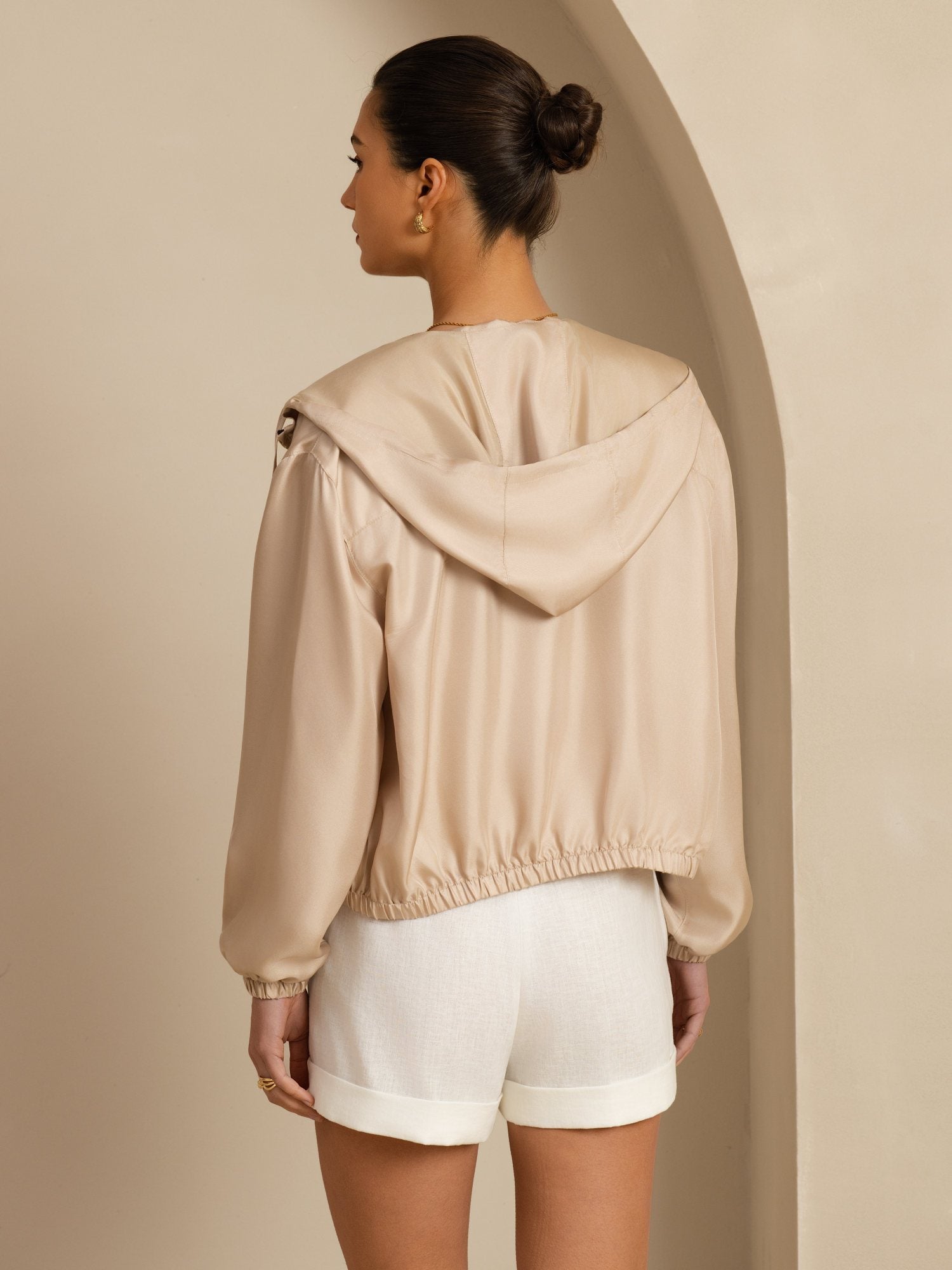 [Tan] SilkSilky-FI 18Momme Pitkähihainen Pystykaulus Naisten Päällysvaatteet 002