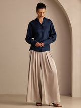 [Tummansininen] SilkSilky-FI Long Sleeve Blouse 006