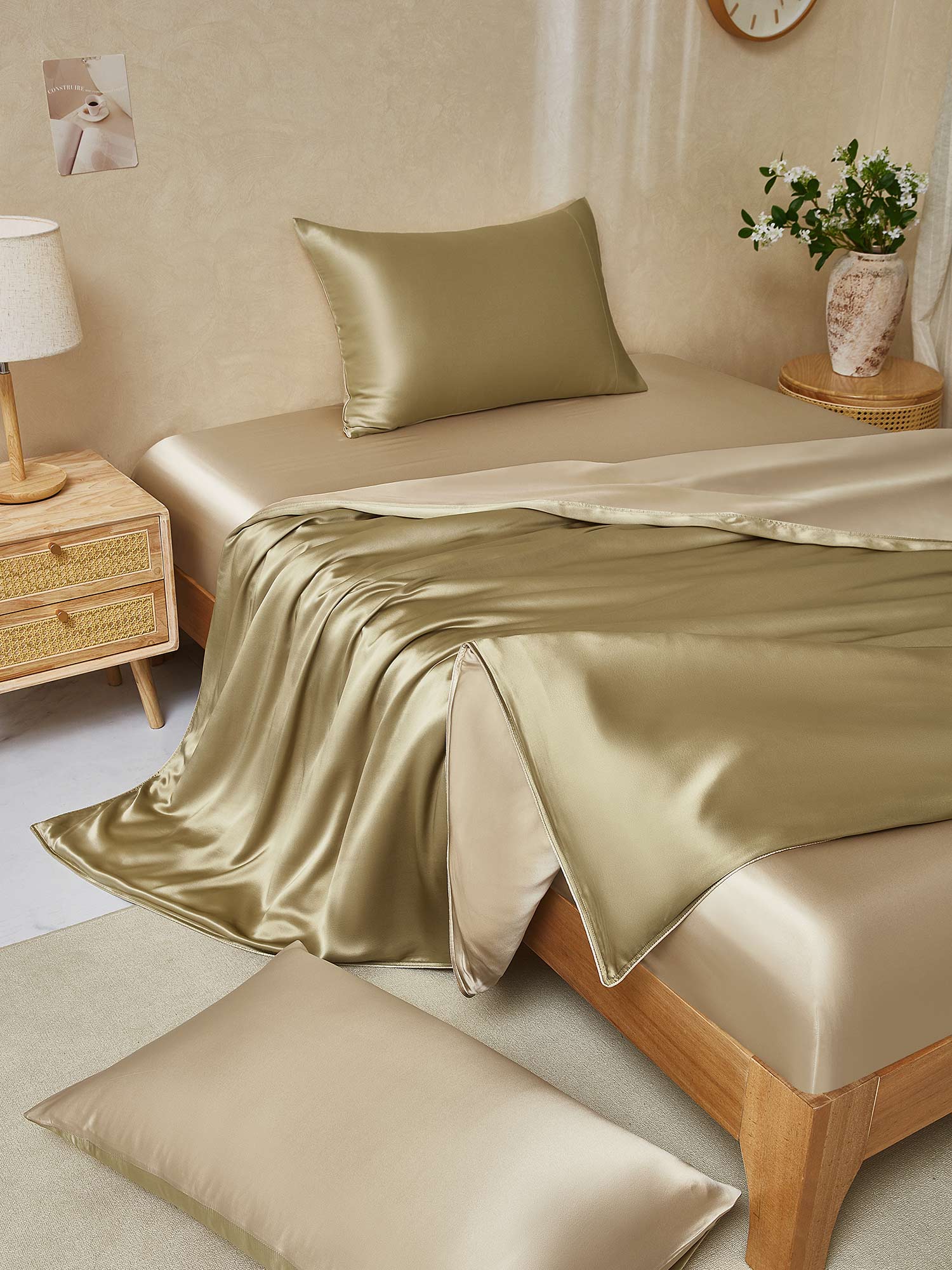 [Beige+Khaki] SilkSilky-FI 22Momme Bedding Set 001,