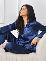 [Tummansininen] SilkSilky-FI Long Sleeve Notkokaulus Naisten Pyjamat 001