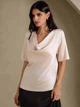 [Beige] SilkSilky-FI Short Sleeve Cowl Neck Naisten Puserot 001