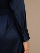 [Tummansininen] SilkSilky-FI Long Sleeve Lapel Collar Mekko 004