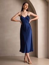 [Tummansininen] SilkSilky-FI Spaghetti Strap V Neck Mekko 004