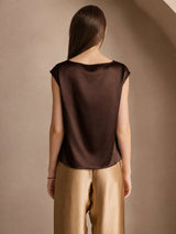 [Tumma Suklaa] SilkSilky-FI Cap Sleeve Cowl Neck Naisten T-paita 002