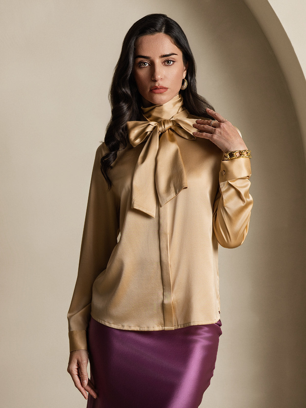 [Samppanja] SilkSilky-FI 19Momme Silk Long Sleeve Tie Neck Naisten paita 003