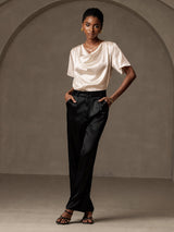 [Beige] SilkSilky-FI Short Sleeve Cowl Neck Naisten Puserot 005