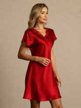 [Tummanpunainen] SilkSilky-FI Short Sleeve V Neck Yöpaita 006