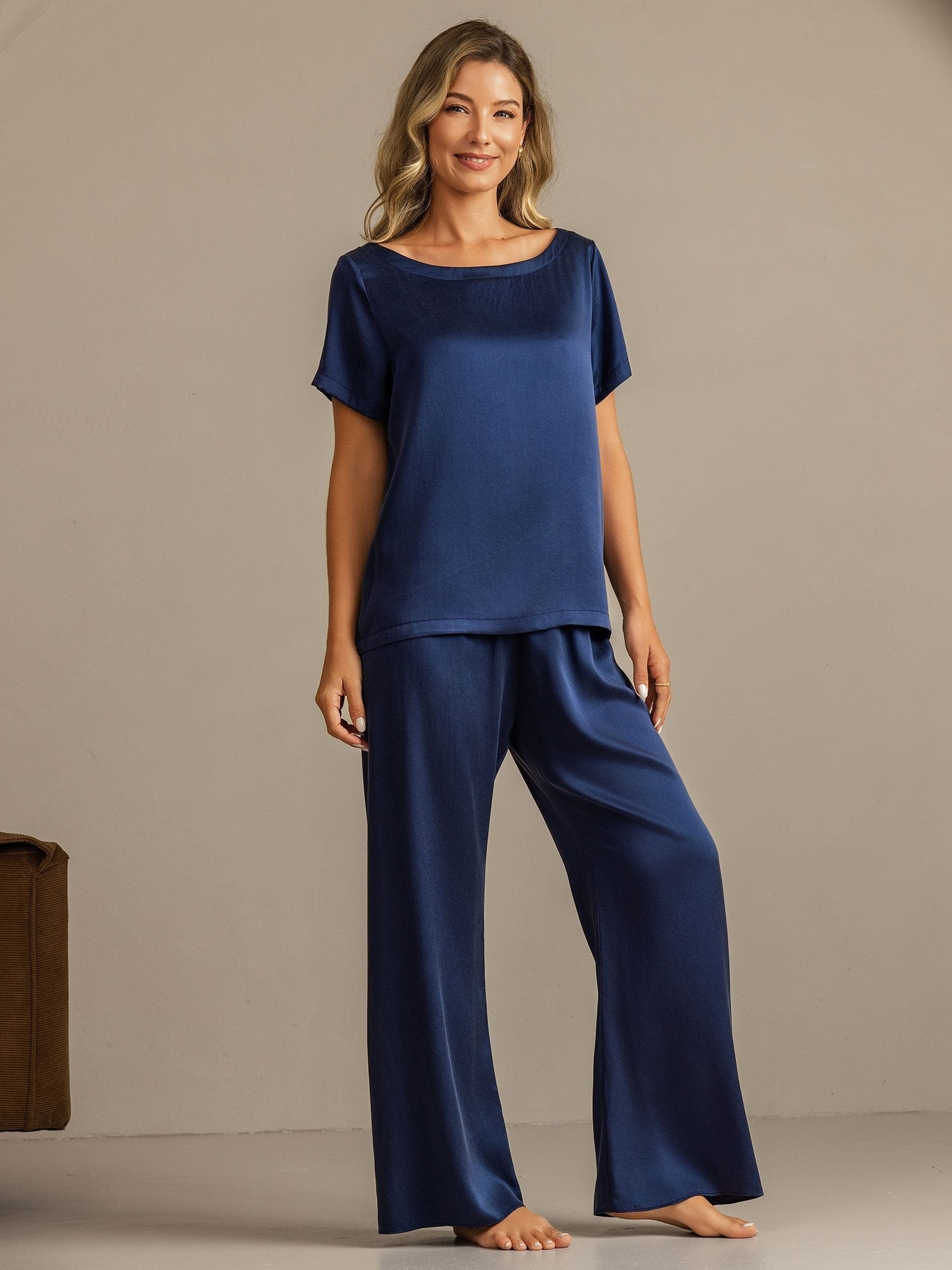 [Tummansininen] SilkSilky-FI 19Momme Womens Pajamas 001