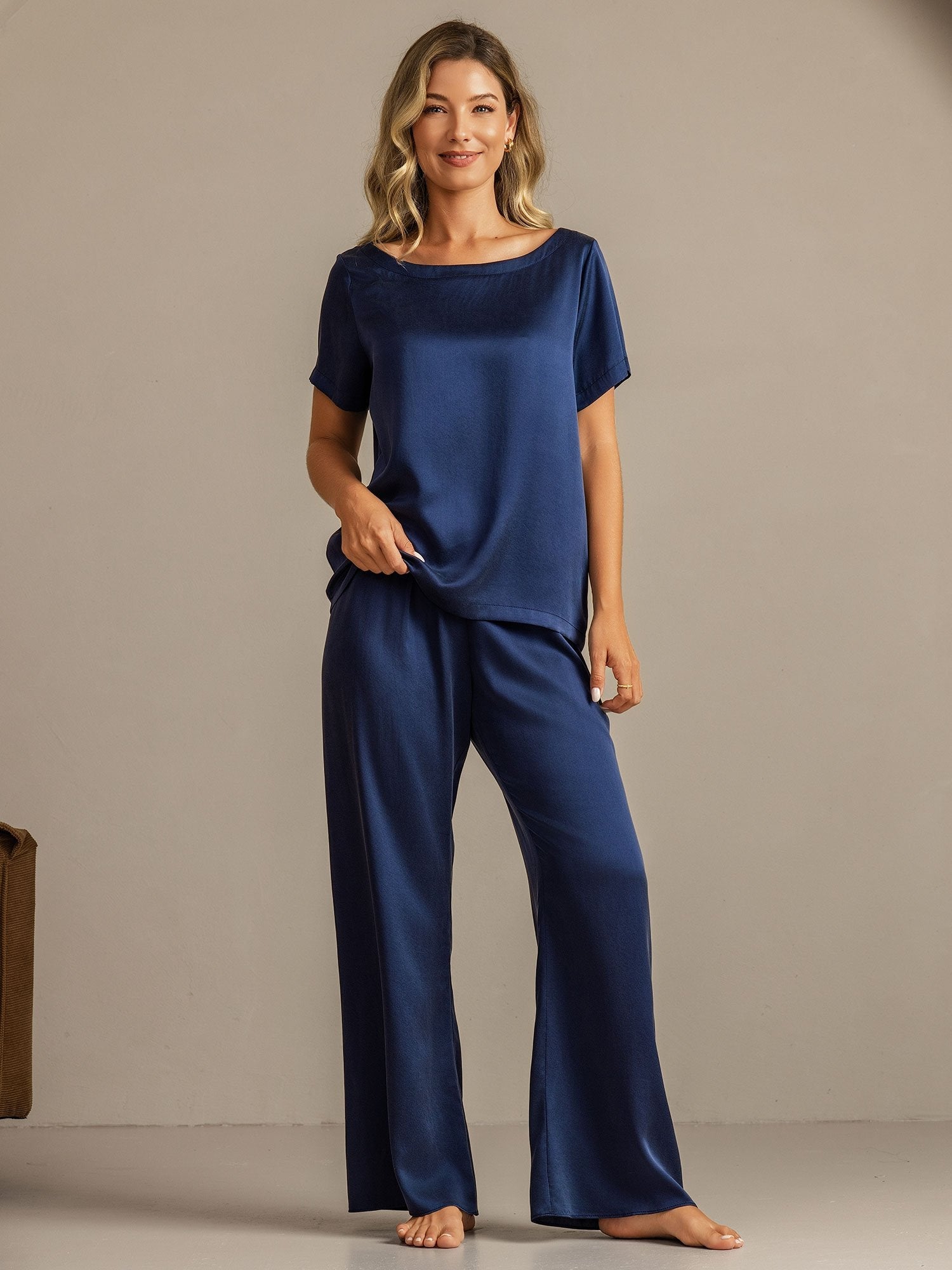 [Tummansininen] SilkSilky-FI 19Momme Womens Pajamas 004