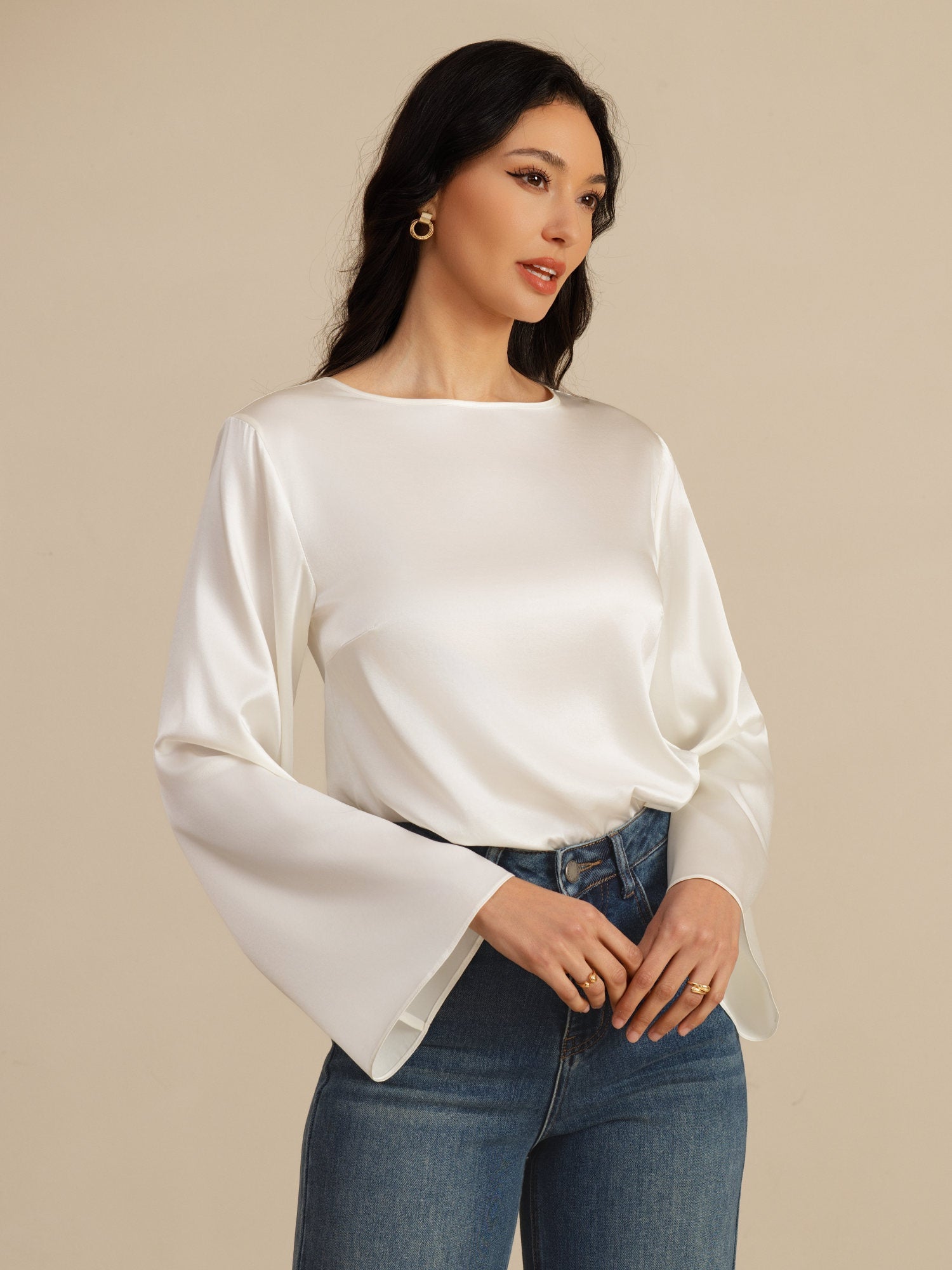 [Valkoinen] SilkSilky-FI 19Momme Pitkähihainen Venekaula-aukko Pusero 004