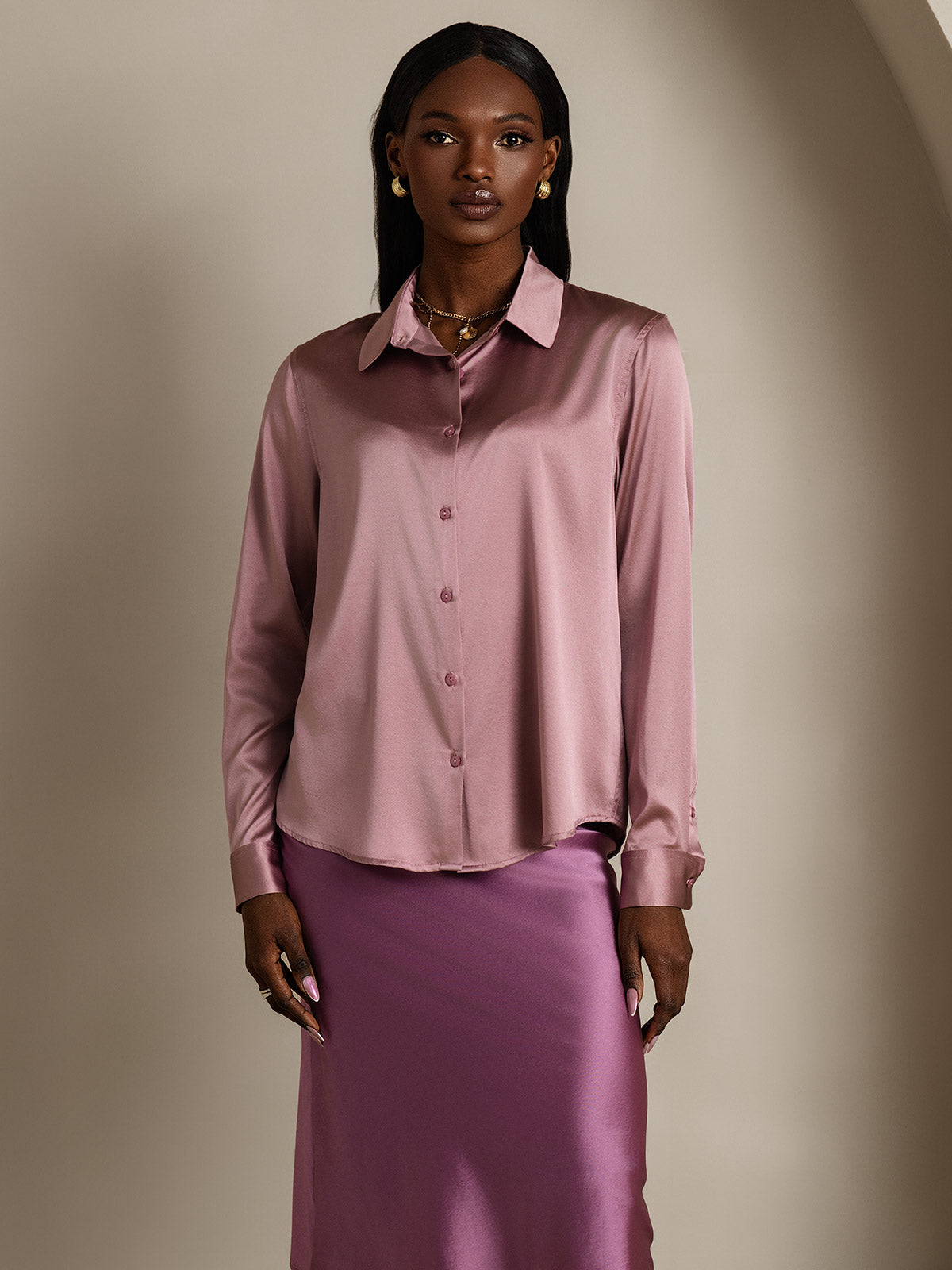 [Vaalean Mauve] SilkSilky-FI Lapel Collar Naisten paita 003