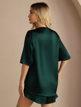 [Tummanvihreä] SilkSilky-FI Short Sleeve Round Neck Naisten Pyjamat 002