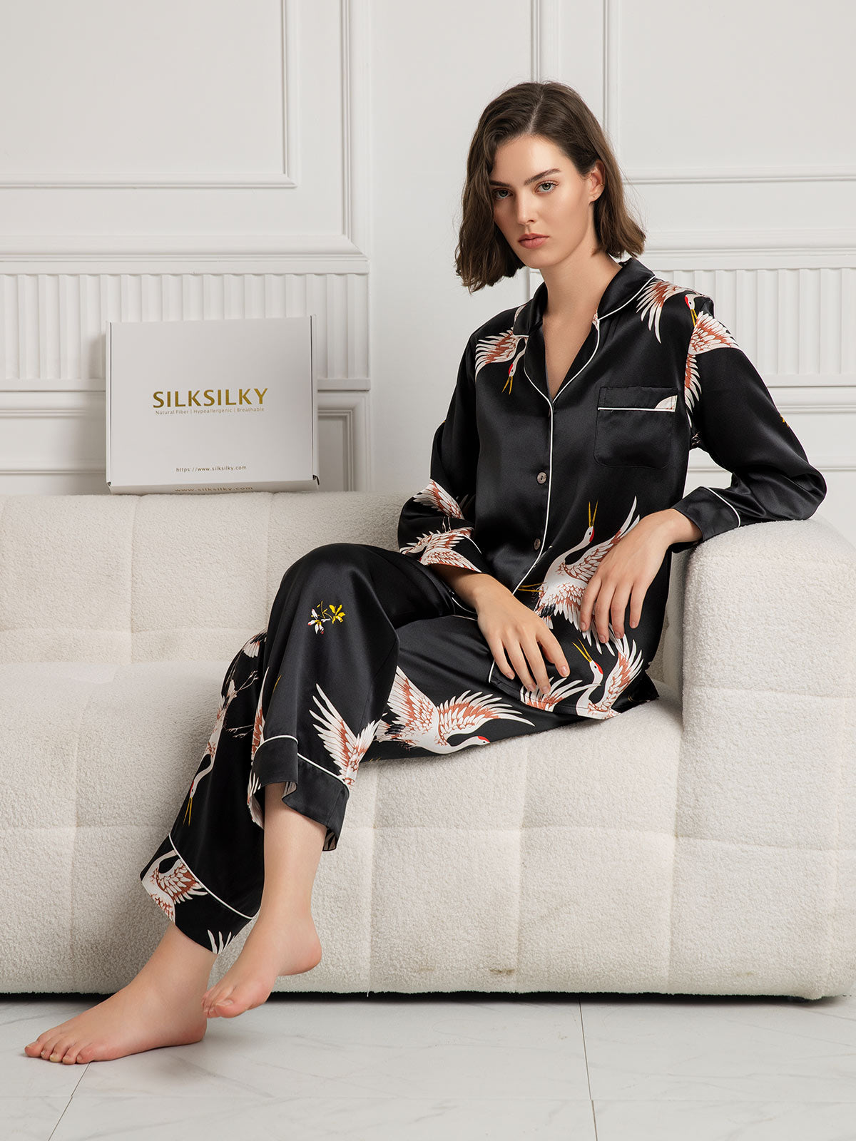 [Musta] SilkSilky-FI 19Momme Pure Silk Long Sleeve Lapel Naisten Pyjamat 005