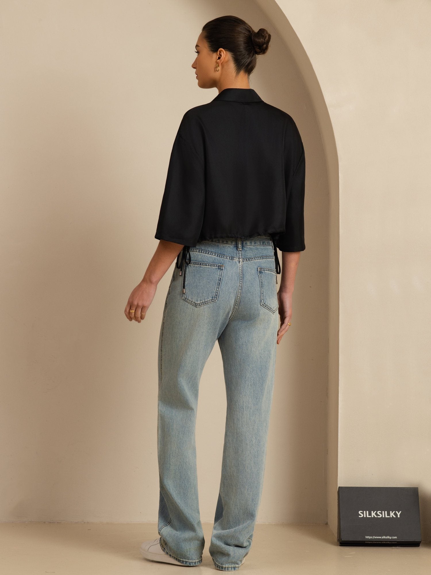 [Musta] SilkSilky-FI 18Momme Puolihiha Kauluskäänne Pusero 002