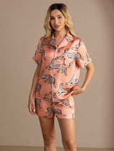 [Vaaleanpunainen Kissa] SilkSilky-FI Short Sleeve Lapel Collar Naisten Pyjamat 004