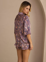 [Vaaleanpunainen Palmu] SilkSilky-FI Half Sleeve Lapel Collar Naisten Pyjamat 002