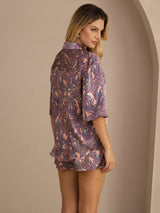 [Vaaleanpunainen Palmu] SilkSilky-FI Half Sleeve Lapel Collar Naisten Pyjamat 002