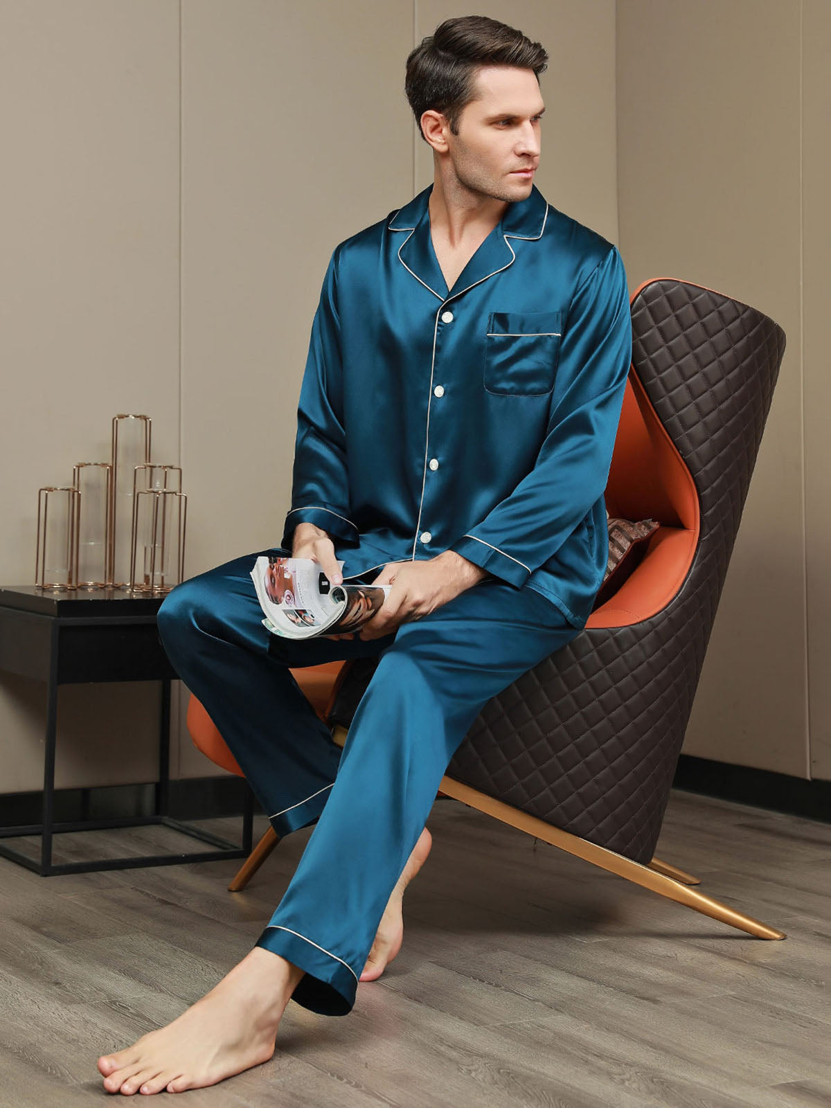 [Sinivihreä] SilkSilky-FI 19Momme Mens Pajamas 007