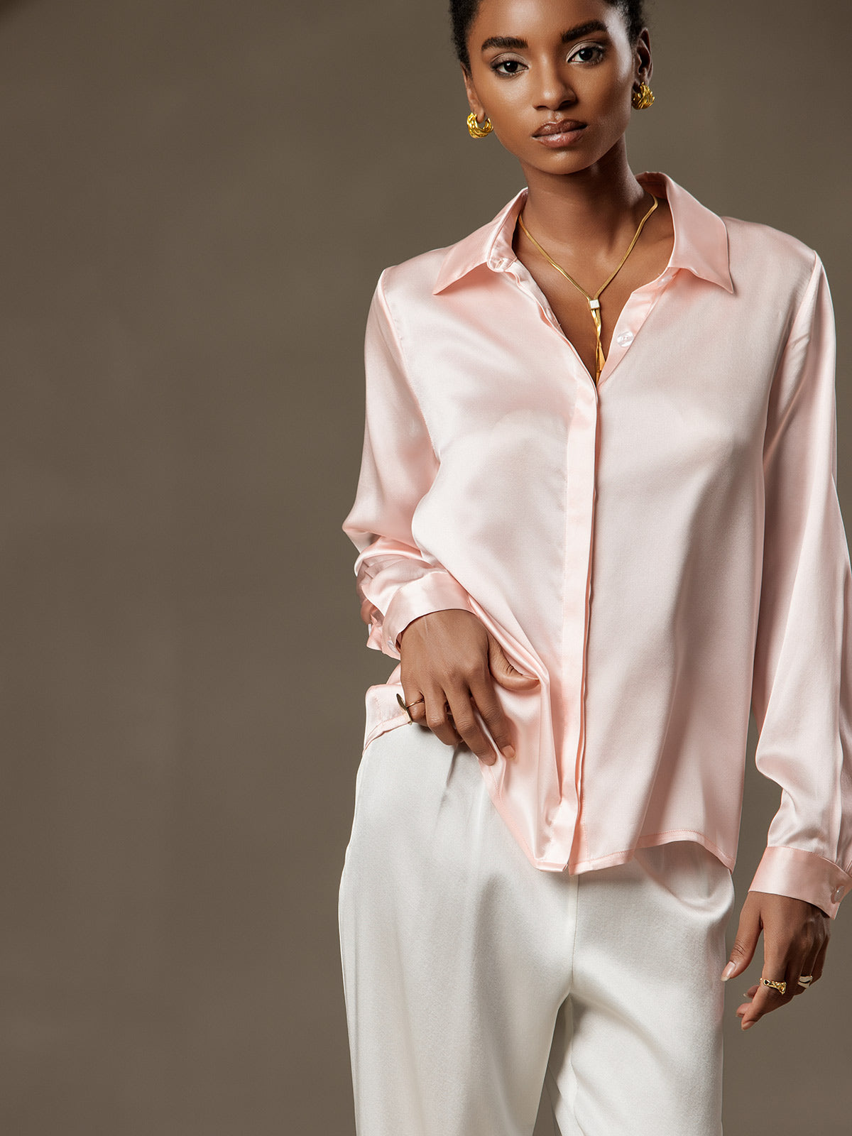 [Pinkki] SilkSilky-FI 19Momme Lapel Collar Naisten paita 003