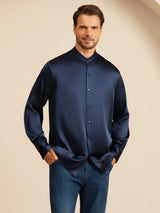 [Tummansininen] SilkSilky-FI Long Sleeve Stand Collar Miesten Paita 004