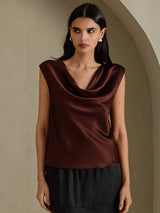 [Tumma Suklaa] SilkSilky-FI Cap Sleeve Cowl Neck Naisten T-paita 003