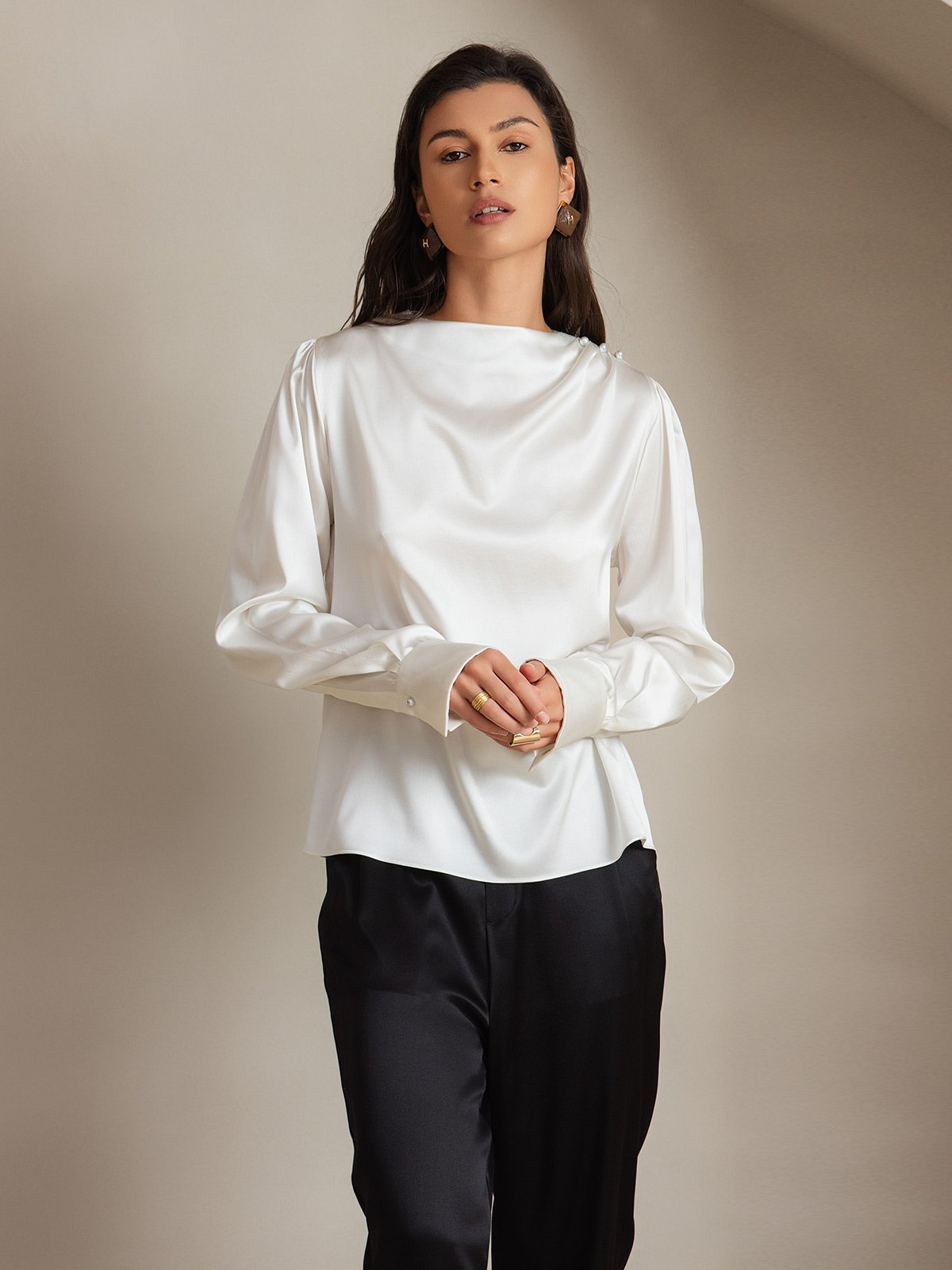 [Valkoinen] SilkSilky-FI 19Momme Womens Shirt 005