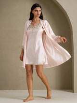 [Pinkki] SilkSilky-FI 3/4 Sleeve V Neck Yöpaita ja Aamutakkisetti 008