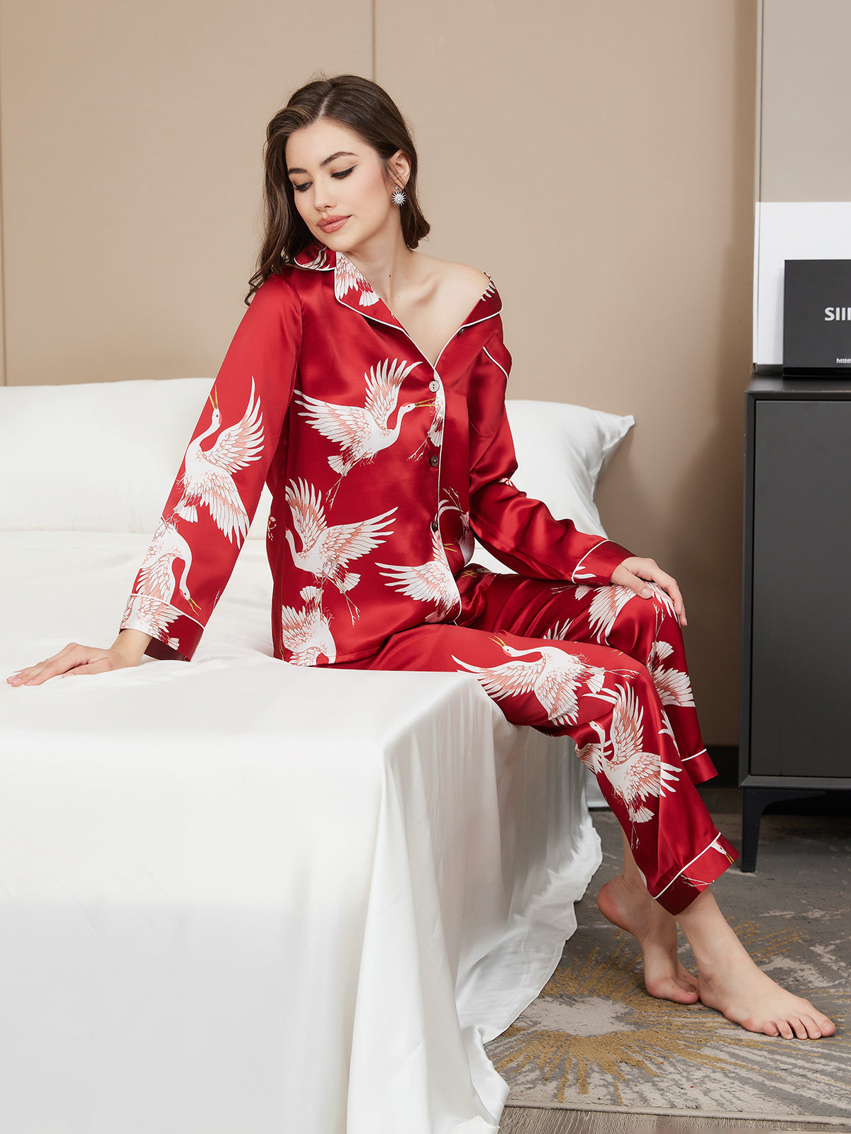 [Tummanpunainen] SilkSilky-FI 19Momme Pure Silk Long Sleeve Lapel Naisten Pyjamat 007