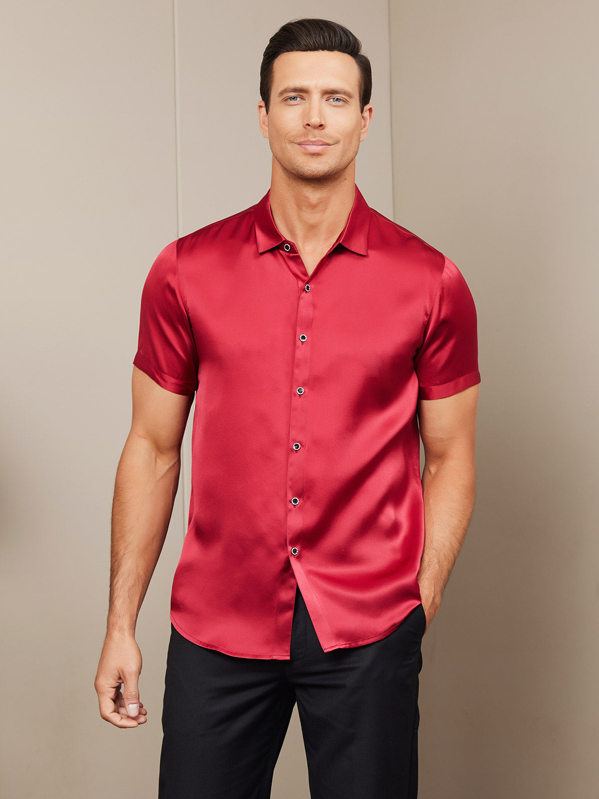 [Punainen] SilkSilky-FI Silk Short Sleeve Collar Miesten Paita 003