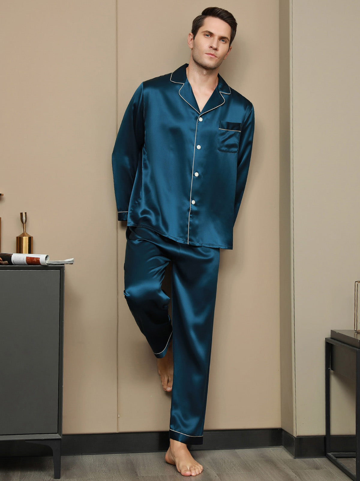 [Sinivihreä] SilkSilky-FI 19Momme Mens Pajamas 004