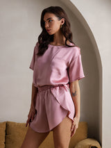 [Vaalean Mauve] SilkSilky-FI Short Sleeve Round Neck Naisten Pyjamat 005