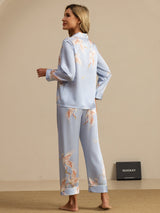 [Vaaleansininen] SilkSilky-FI Long Sleeve Notkokaulus Naisten Pyjamat 002