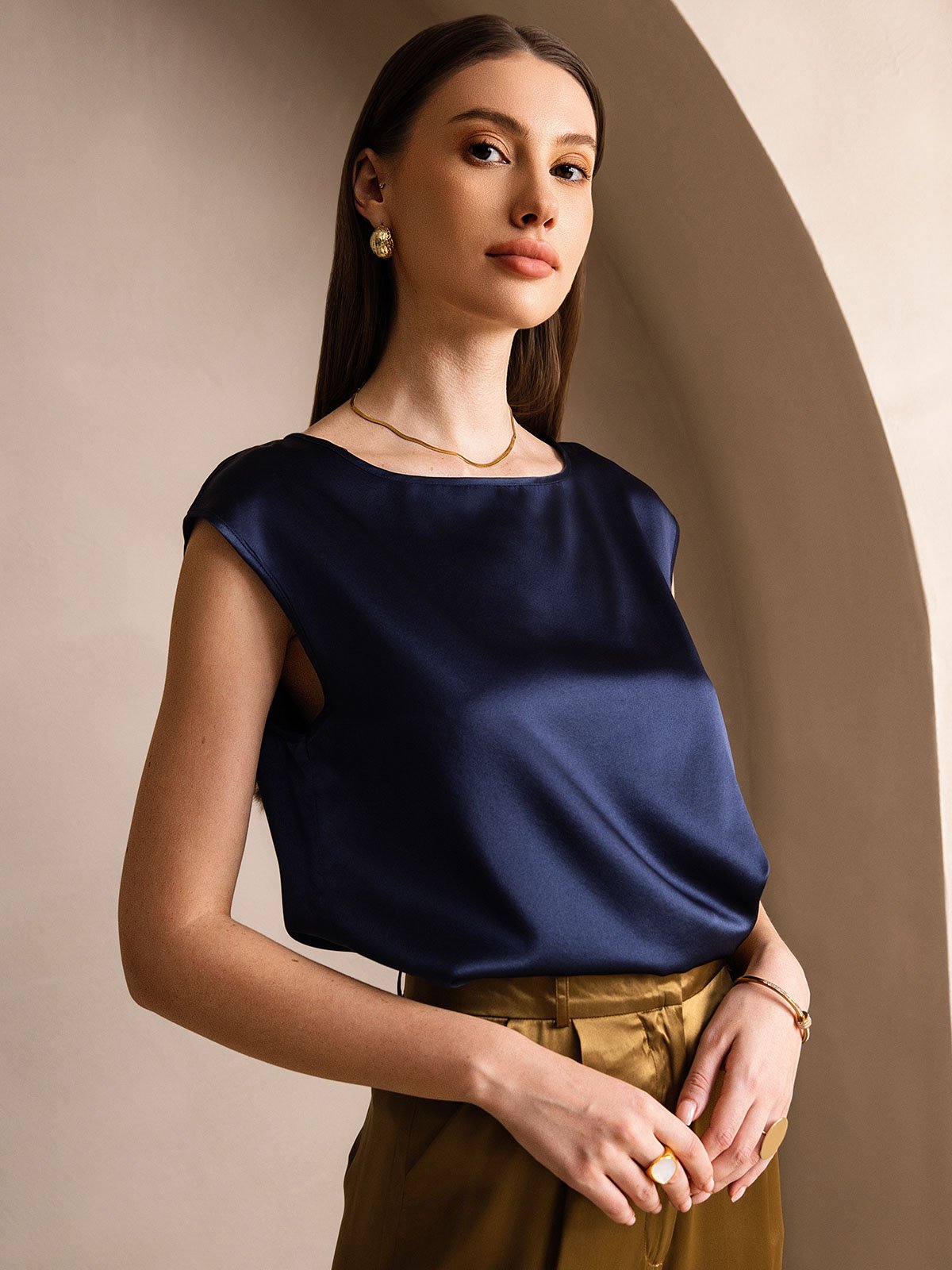 [Tummansininen] SilkSilky-FI 19Momme Womens T-Shirt 003