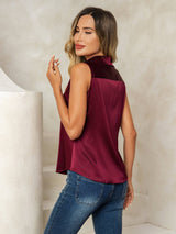[Tummanpunainen] SilkSilky-FI Sleeveless Lapel Collar Naisten paita 003