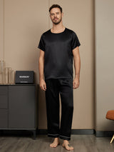 [Musta] SilkSilky-FI Pure Silk Short Sleeve Round Neck Miesten Pyjamat 003