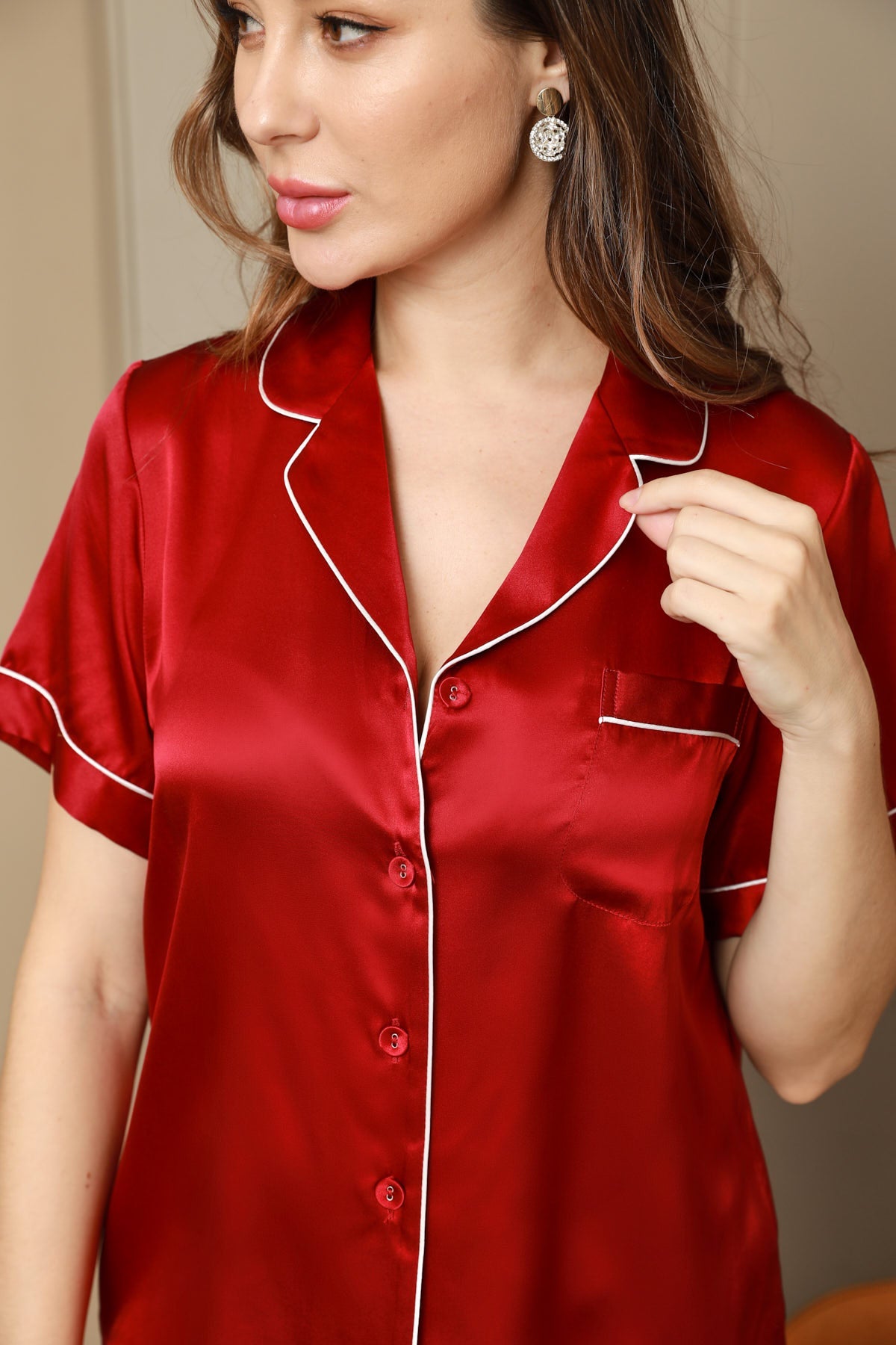 [Viini] SilkSilky-FI Pure Silk Short Sleeve Lapel Naisten Pyjamat 008
