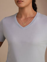 [Harmaansininen] SilkSilky-FI Short Sleeve V Neck Naisten T-paita 004