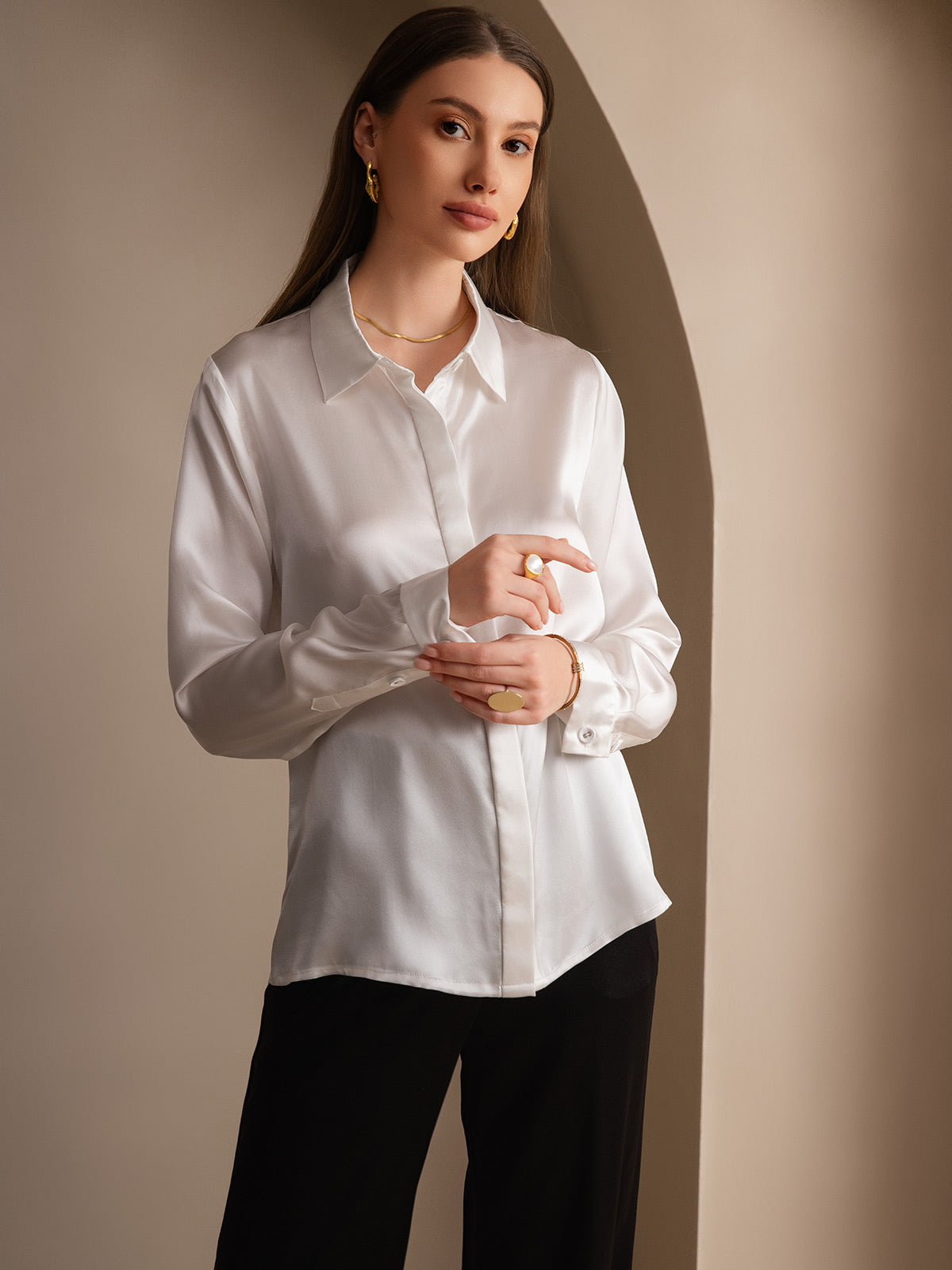 [Valkoinen] SilkSilky-FI 19Momme Lapel Collar Naisten paita 005