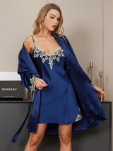 [Tummansininen] SilkSilky-FI 3/4 Sleeve V Neck Yöpaita ja Aamutakkisetti 004