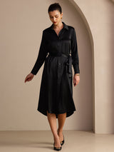 [Musta] SilkSilky-FI Long Sleeve Lapel Collar Mekko 005
