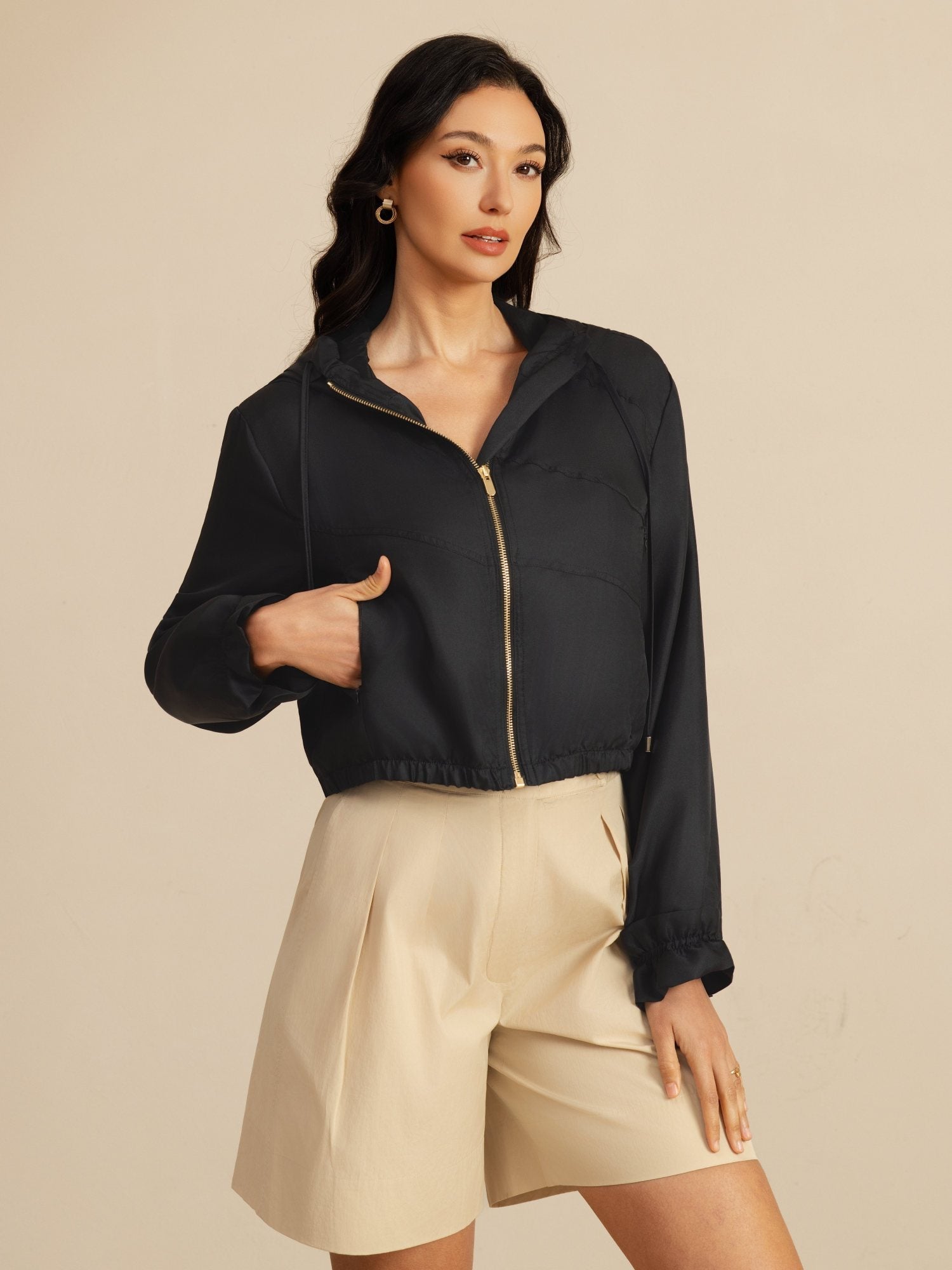 [Musta] SilkSilky-FI 18Momme Pitkähihainen Korkea Kaulus Naisten Päällysvaatteet 004