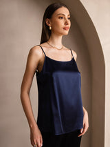 [Tummansininen] SilkSilky-FI 19Momme Spagettihihna Syvä Pyöreä Pääntie Camisole Top 004