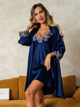 [Tummansininen] SilkSilky-FI 3/4 Sleeve V Neck Yöpaita ja Aamutakkisetti 001