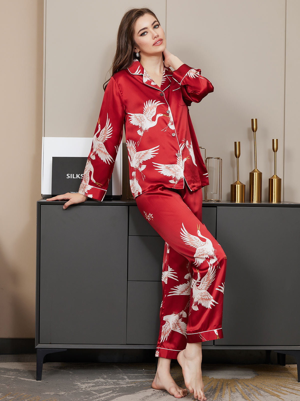 [Tummanpunainen] SilkSilky-FI 19Momme Pure Silk Long Sleeve Lapel Naisten Pyjamat 002