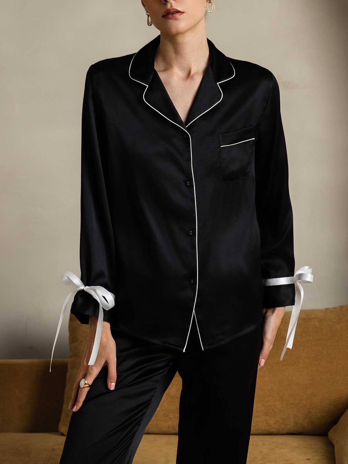[Musta] SilkSilky-FI Pure Silk Long Sleeve Lapel Naisten Pyjamat 007