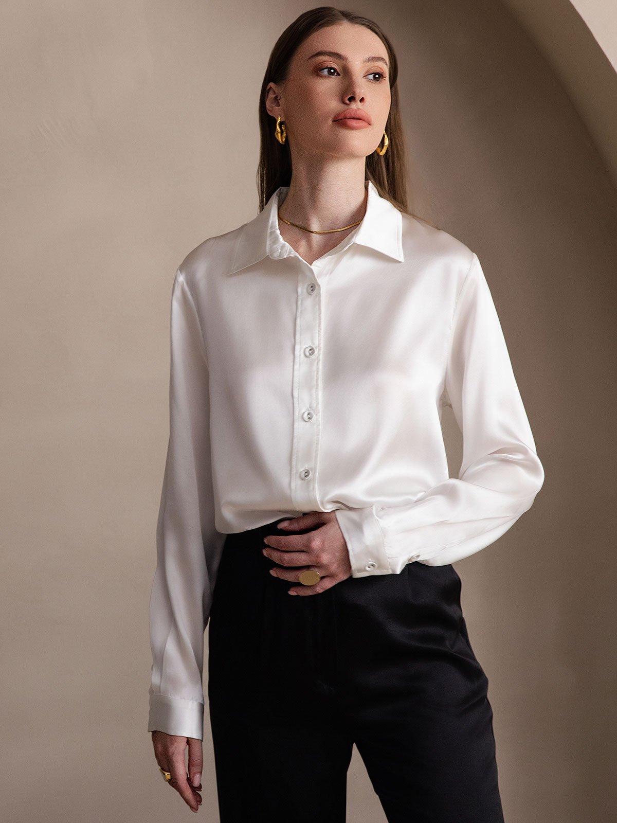 [Valkoinen] SilkSilky-FI 19Momme Silk Long Sleeve Collar Naisten paita 005