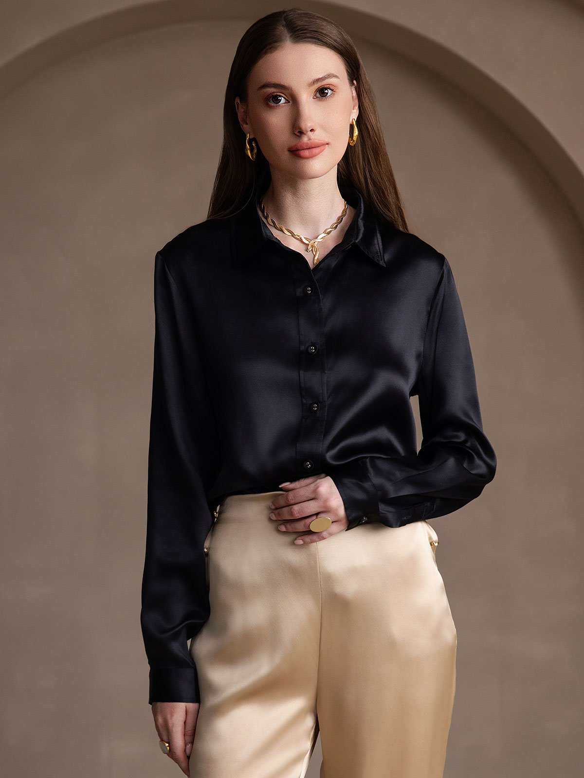 [Musta] SilkSilky-FI 19Momme Silk Long Sleeve Collar Naisten paita 005